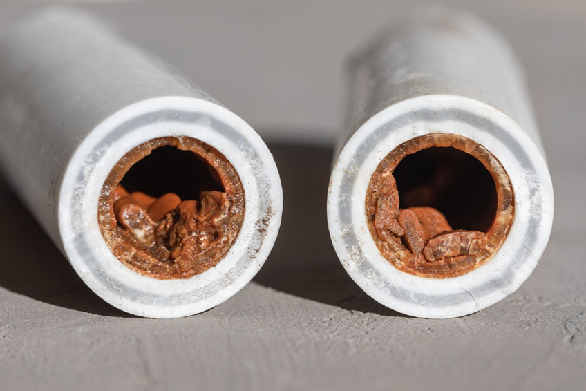 Old broken plumbing pipes with red rust and limescale