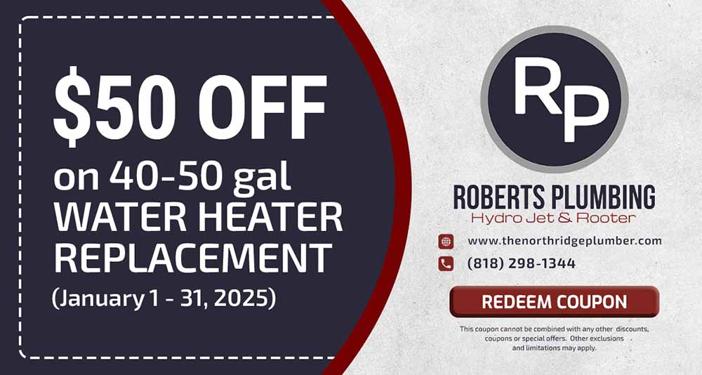 $50 0ff on 40-50 gal Water Heater Replacement - Roberts Plumbing