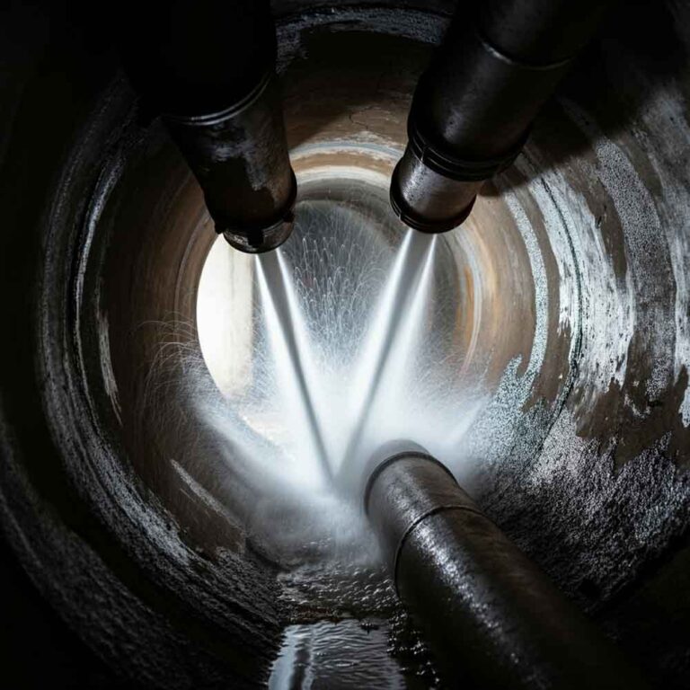 high-pressure water stream from hydro jetting machine