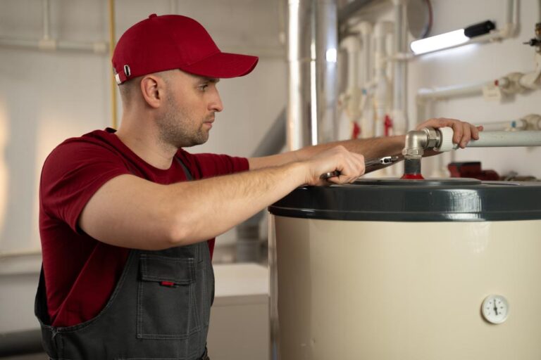 technician inspecting a water heater