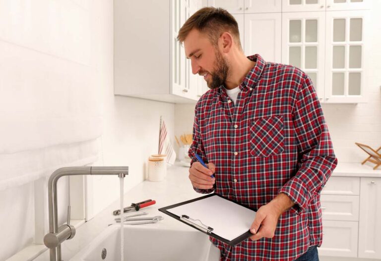 plumber holding a clipboard while doing an inspection